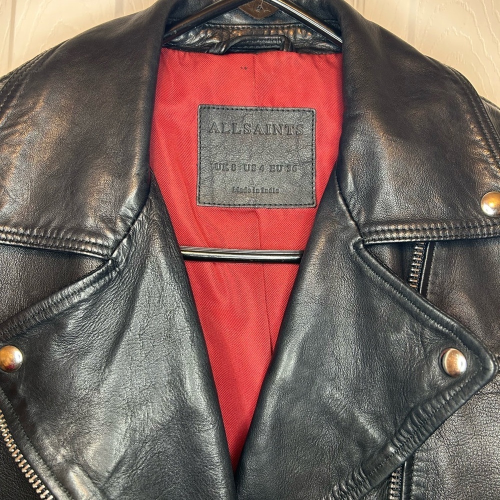 ALLSAINTS Black Sheep Leather Moto Biker Jacket Cropped Size 4 - Picture 3 of 16
